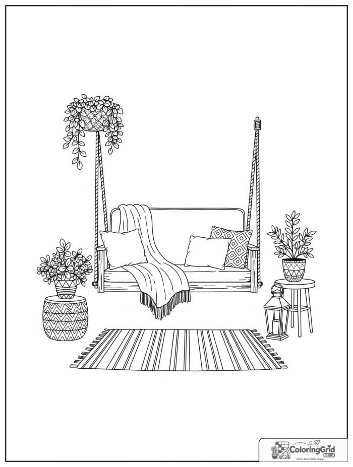 Simple and cozy adult porch swing with blanket, lantern, and plants.