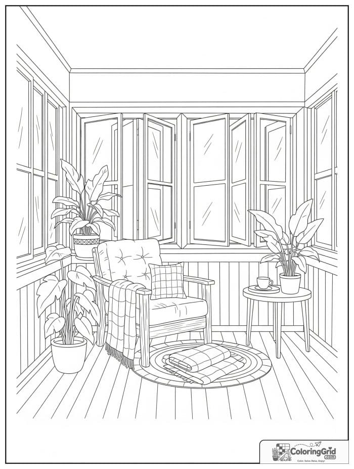 Simple and cozy adult sunroom with a cushioned chair and leafy plants.