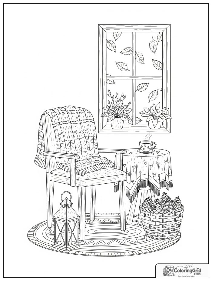 Simple and cozy fall sitting area with sweater, lantern, and tea.