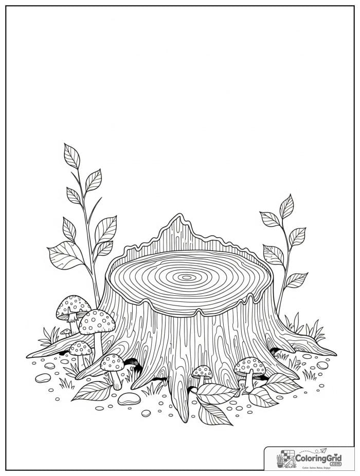 Simple and cozy tree stump cross section with woodland details.