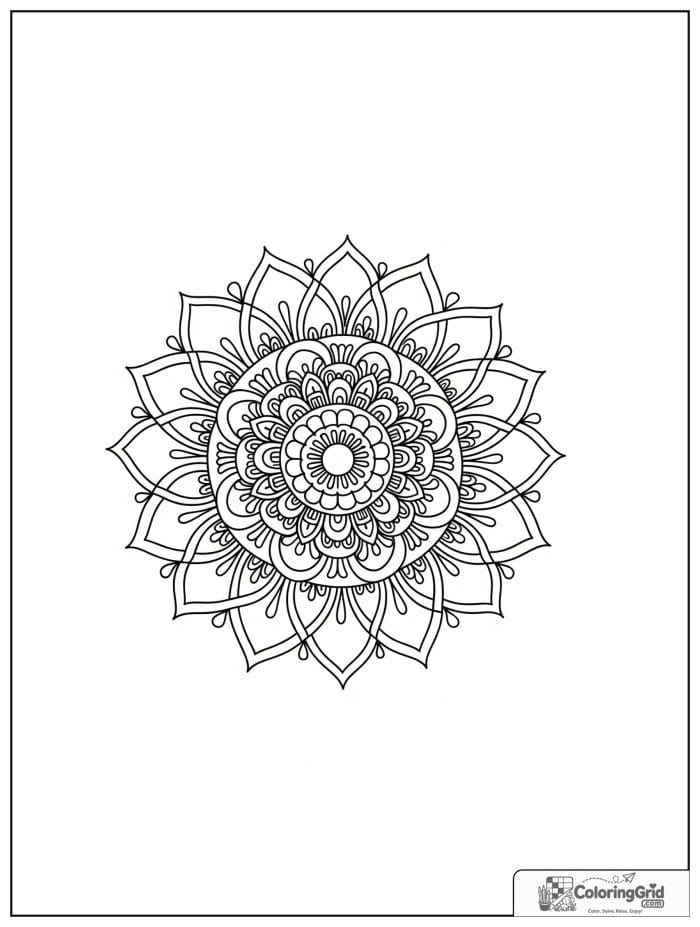 Easy mandala coloring page featuring crown-like petals.
