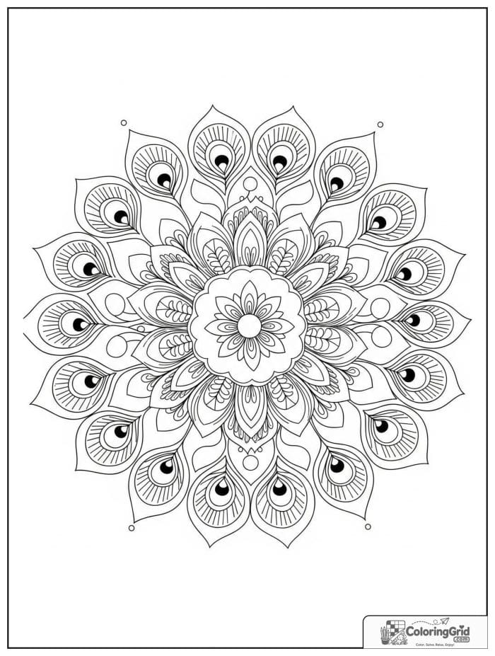 Easy mandala coloring page featuring peacock eye inspired shapes.