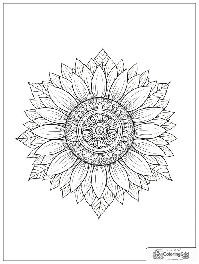 Easy mandala coloring page featuring a sunflower-inspired pattern.