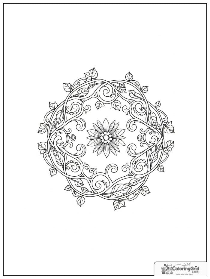 Easy mandala coloring page featuring a curling vine pattern.