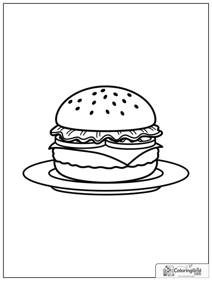 Single hamburger on plate for Hamburger Coloring Pages