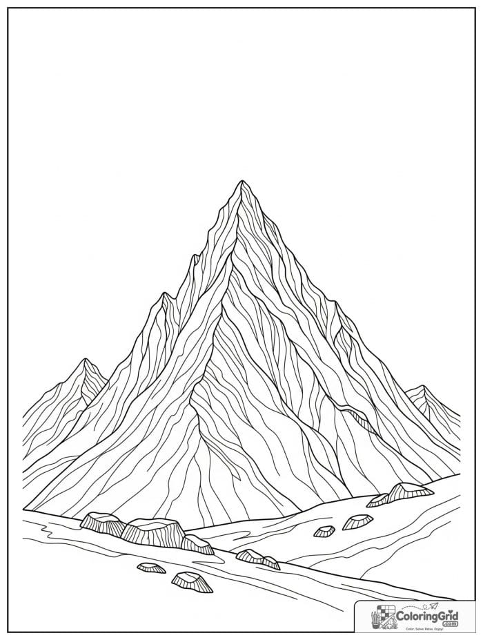 Single tall mountain peak in black and white line art