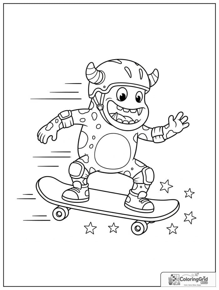 Playful monster skateboarding with helmet