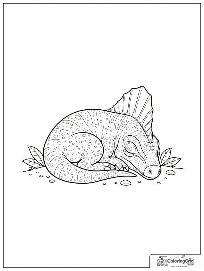 Sleeping baby spinosaurus curled on the ground with leaves nearby.