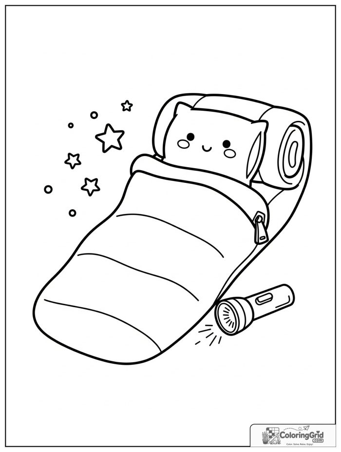 Summer Camp Coloring Pages featuring a sleeping bag and pillow scene.