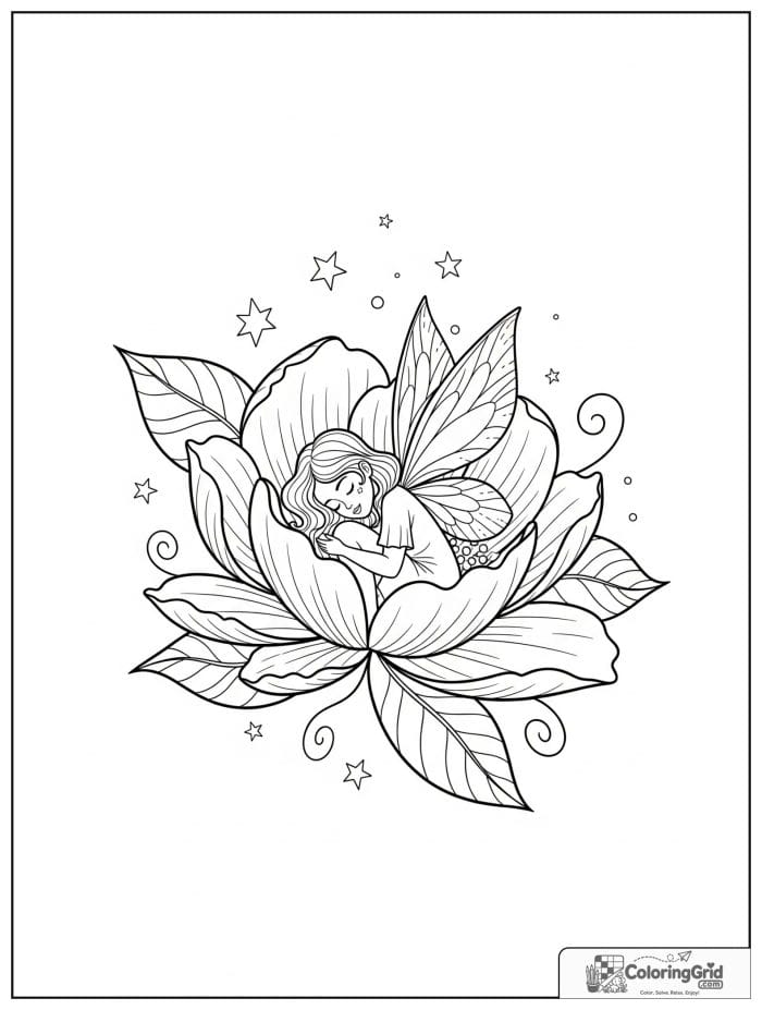 Fairy coloring page featuring a sleeping fairy inside a flower.