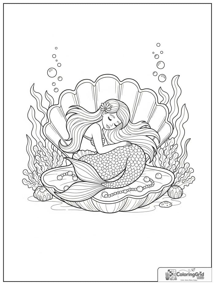 Mermaid coloring page featuring a sleeping mermaid on a shell bed.