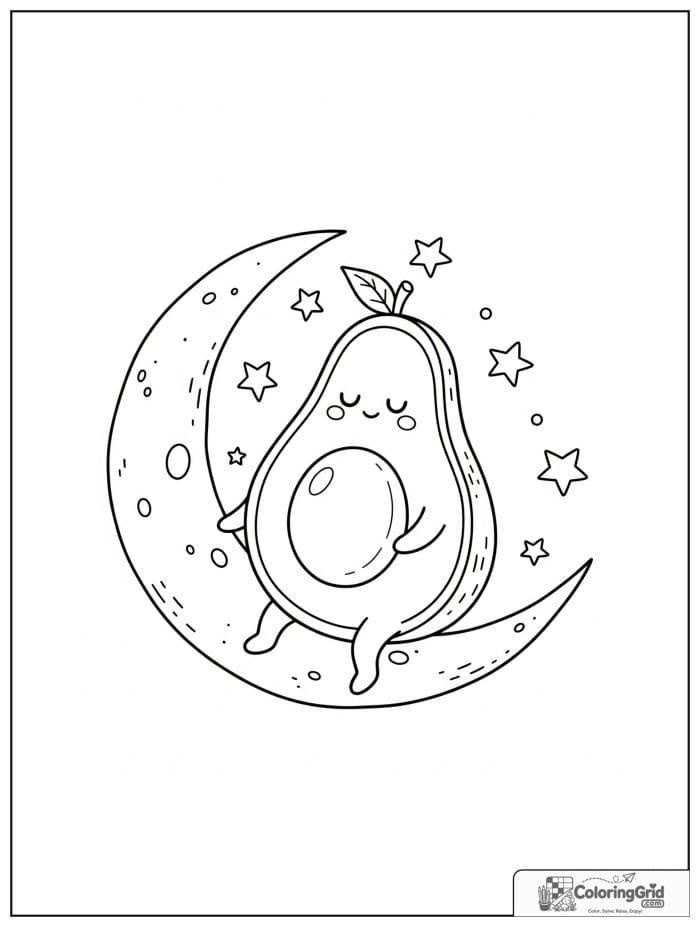 Sleepy avocado on moon for avocado coloring pages