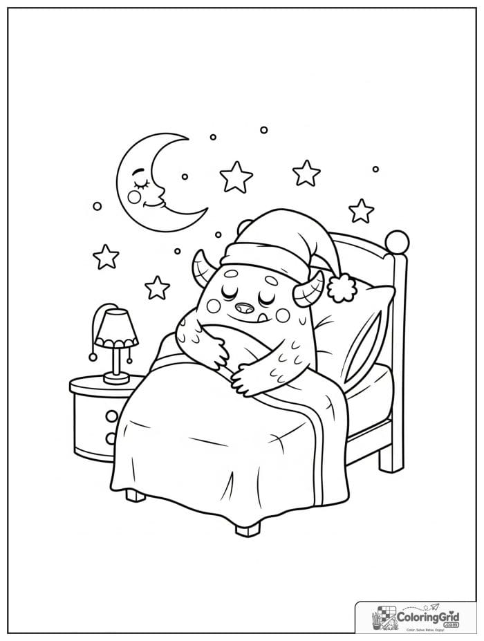 Sleepy monster in bed with moon and stars