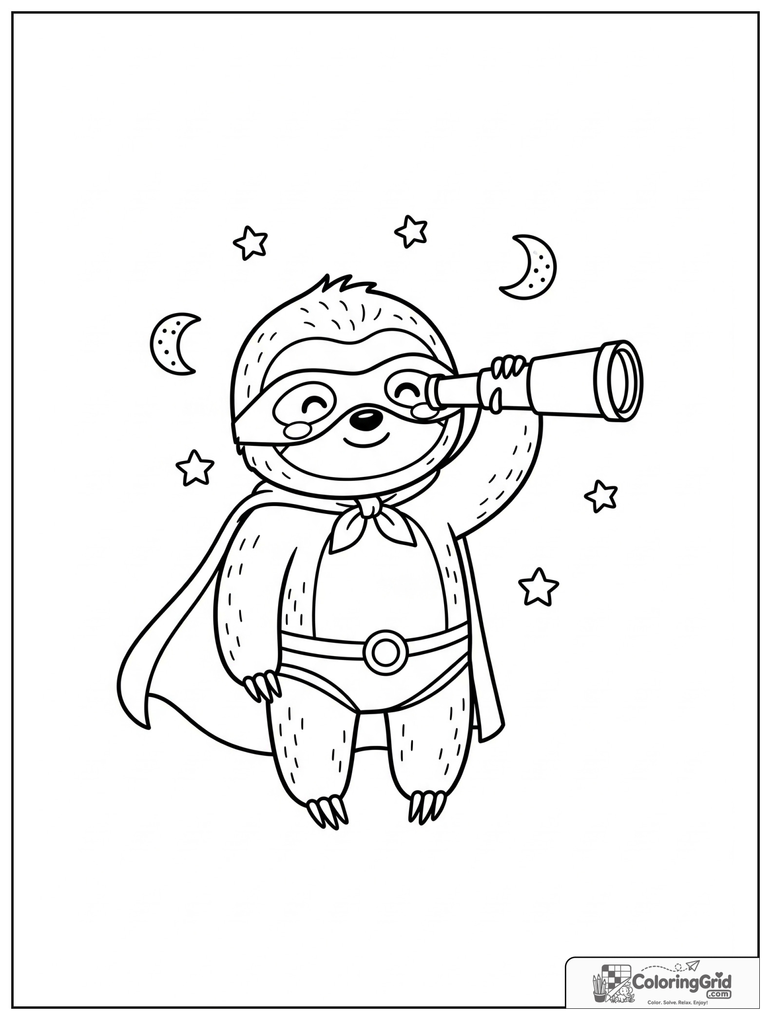 Cute sloth superhero holding a telescope with small moon and star details.