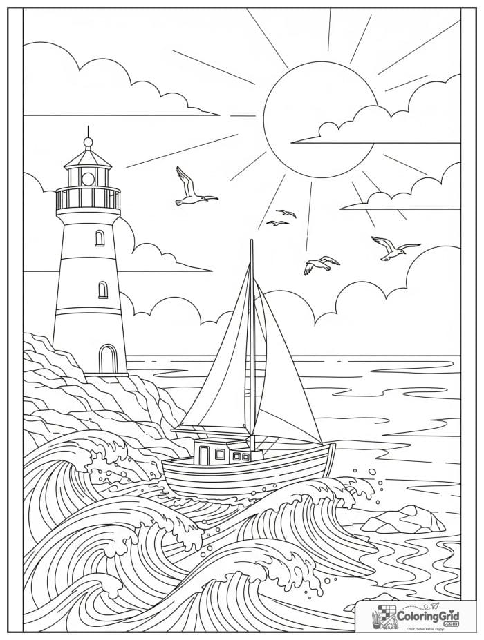 Boat coloring page featuring a small boat near a lighthouse.