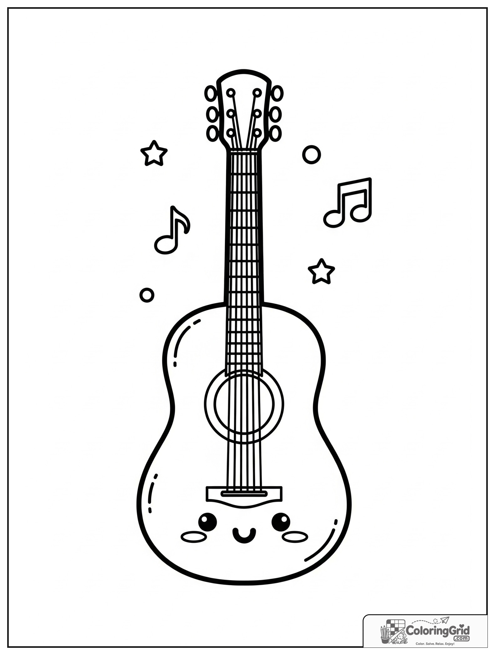 Cute smiling acoustic guitar with small music note and star decorations.