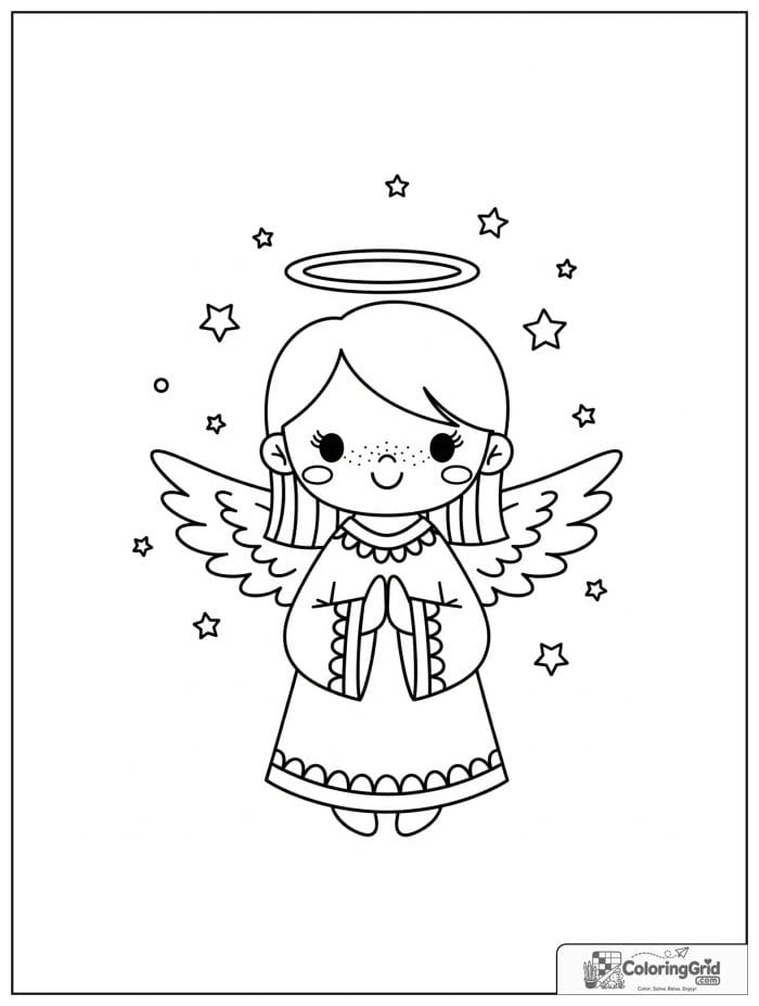 Smiling angel with halo, wings, and stars.