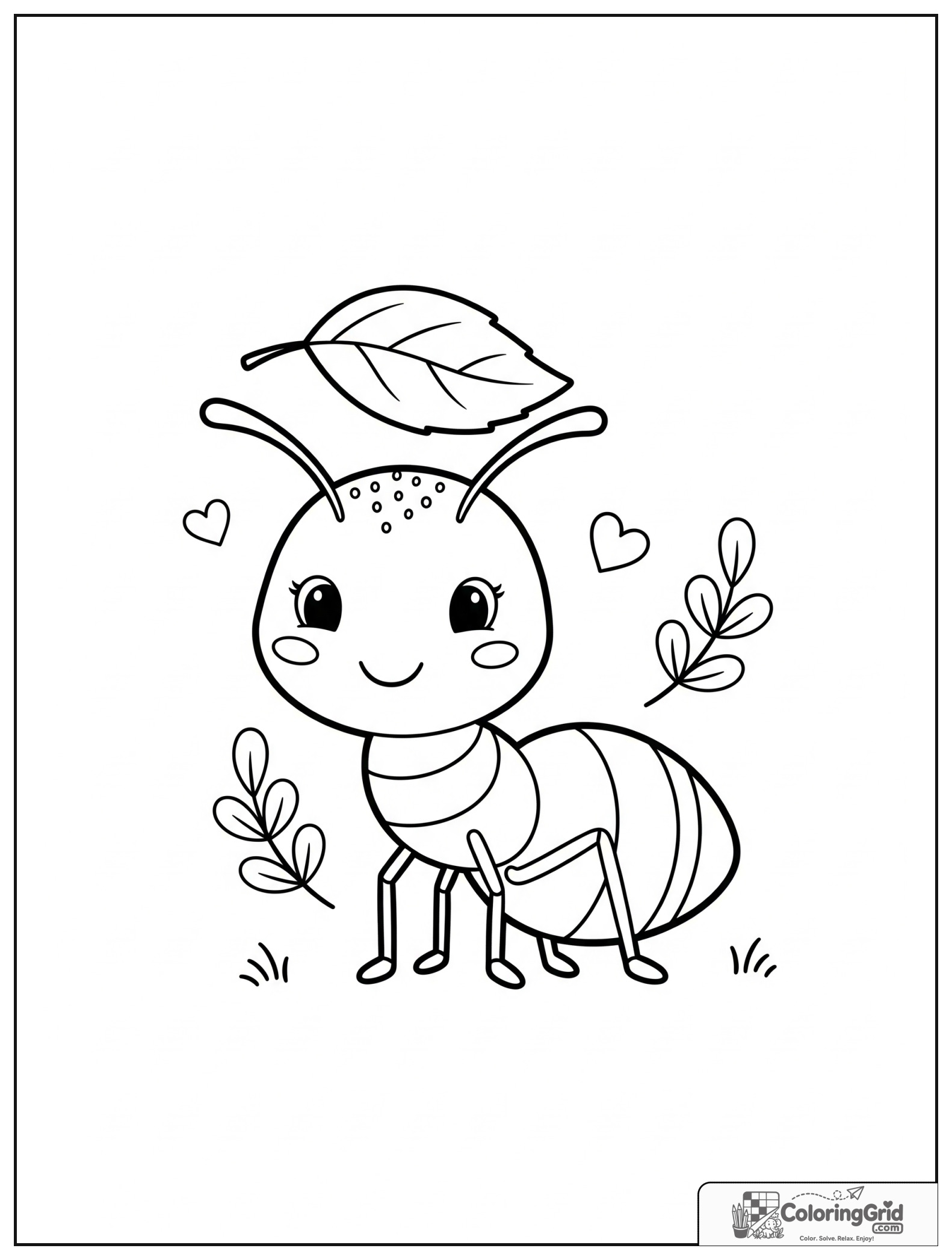 Cute ant carrying a leaf with small heart decorations.