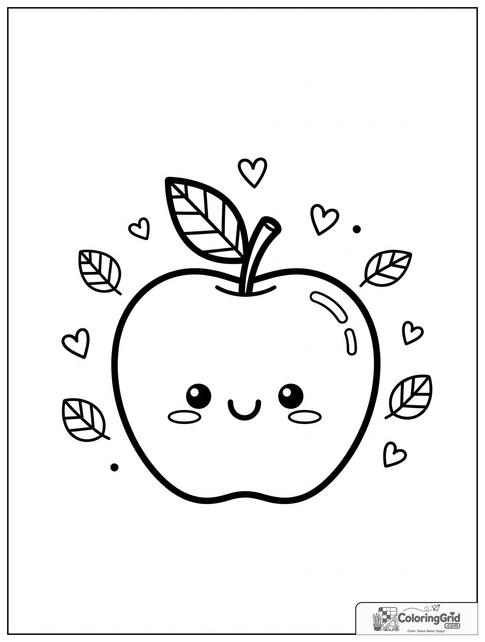 Cute smiling apple with a leaf and small heart decorations.