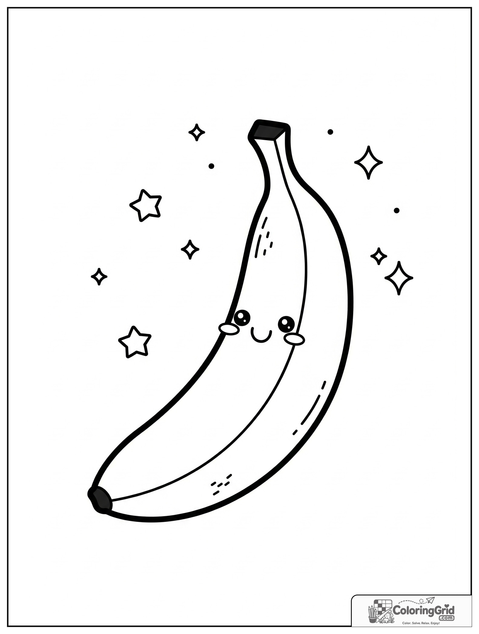 Cute smiling banana with small star and sparkle decorations.
