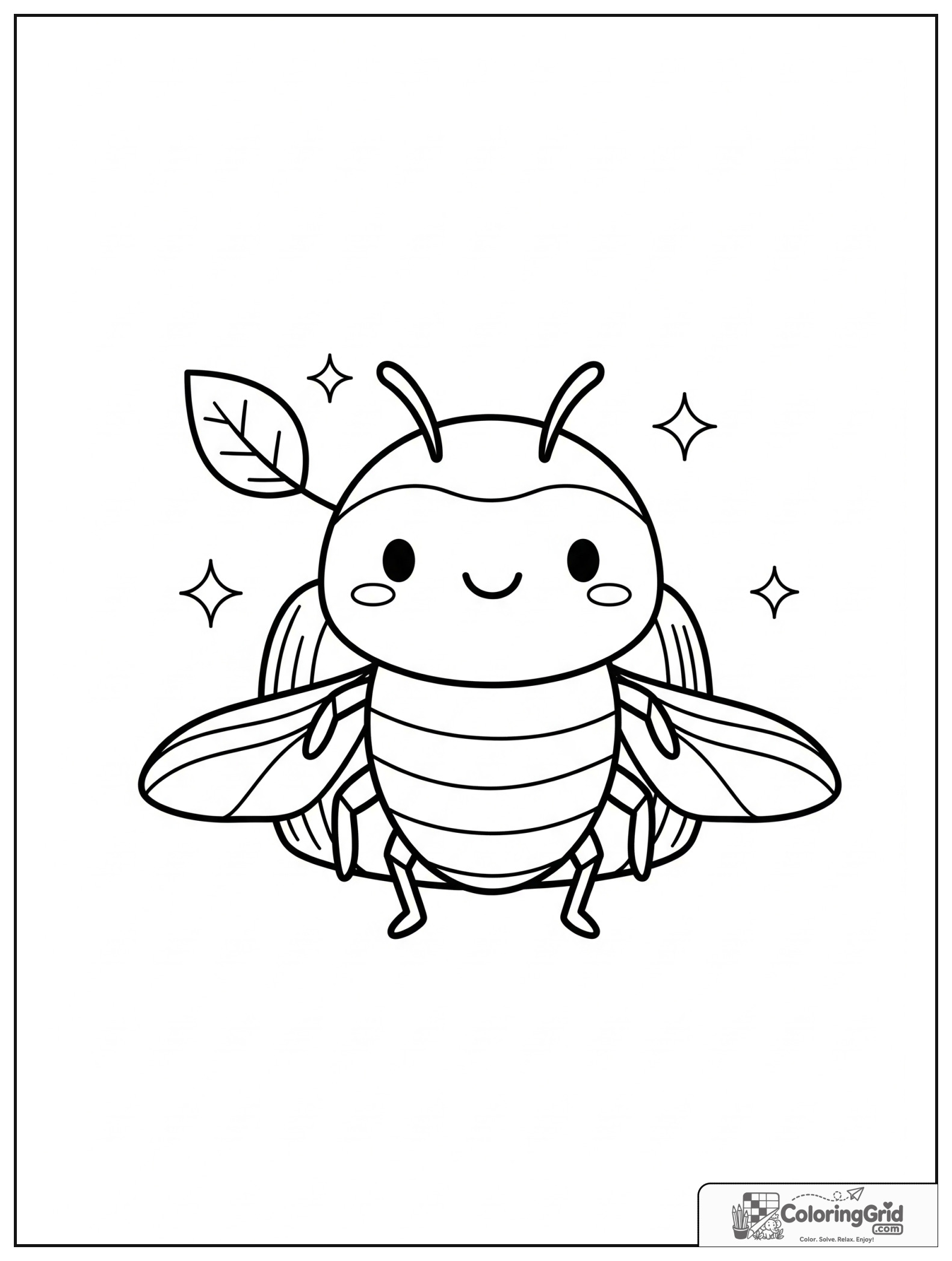 Cute smiling beetle with small leaf and sparkle decorations.