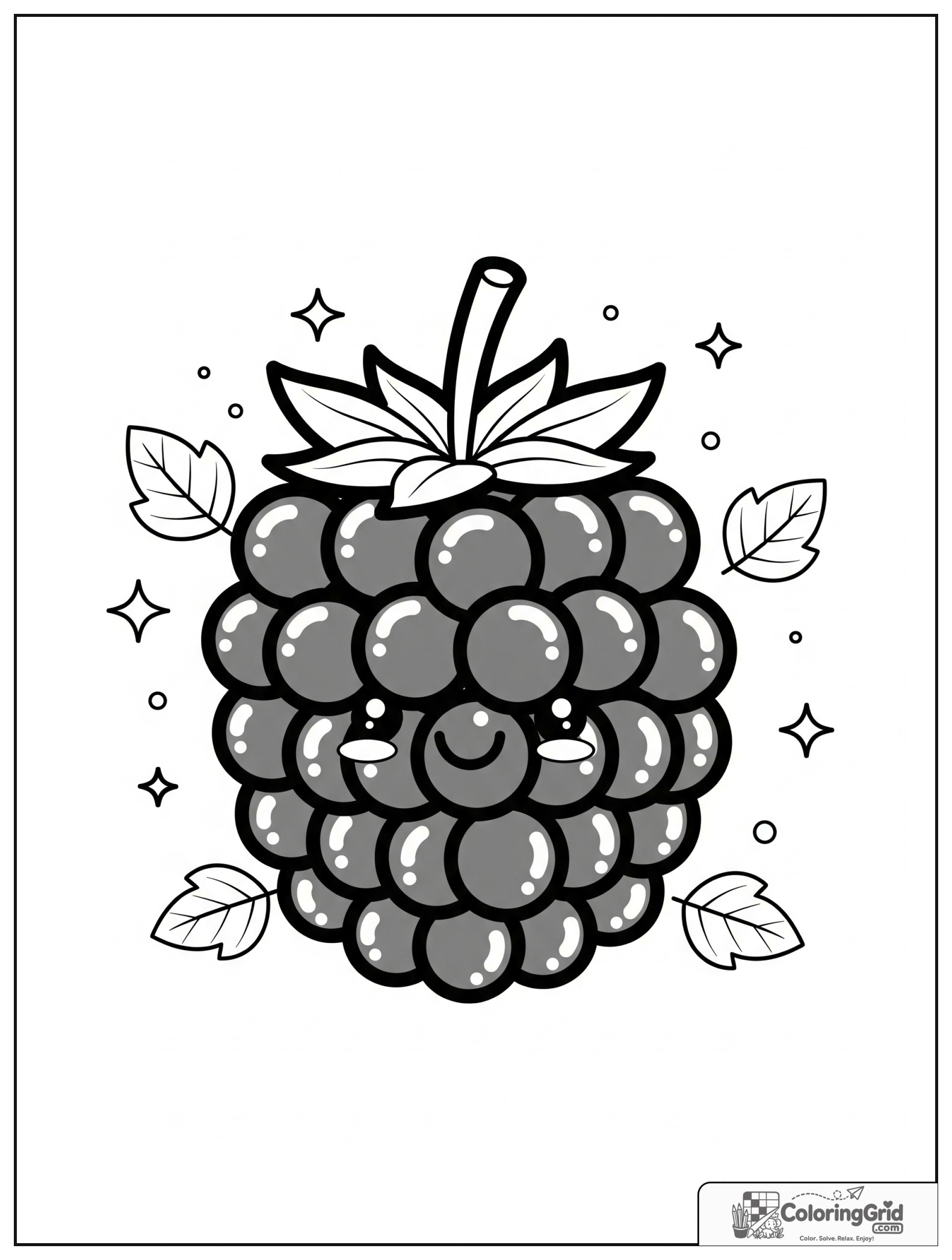 Cute smiling blackberry with small sparkle and leaf decorations.