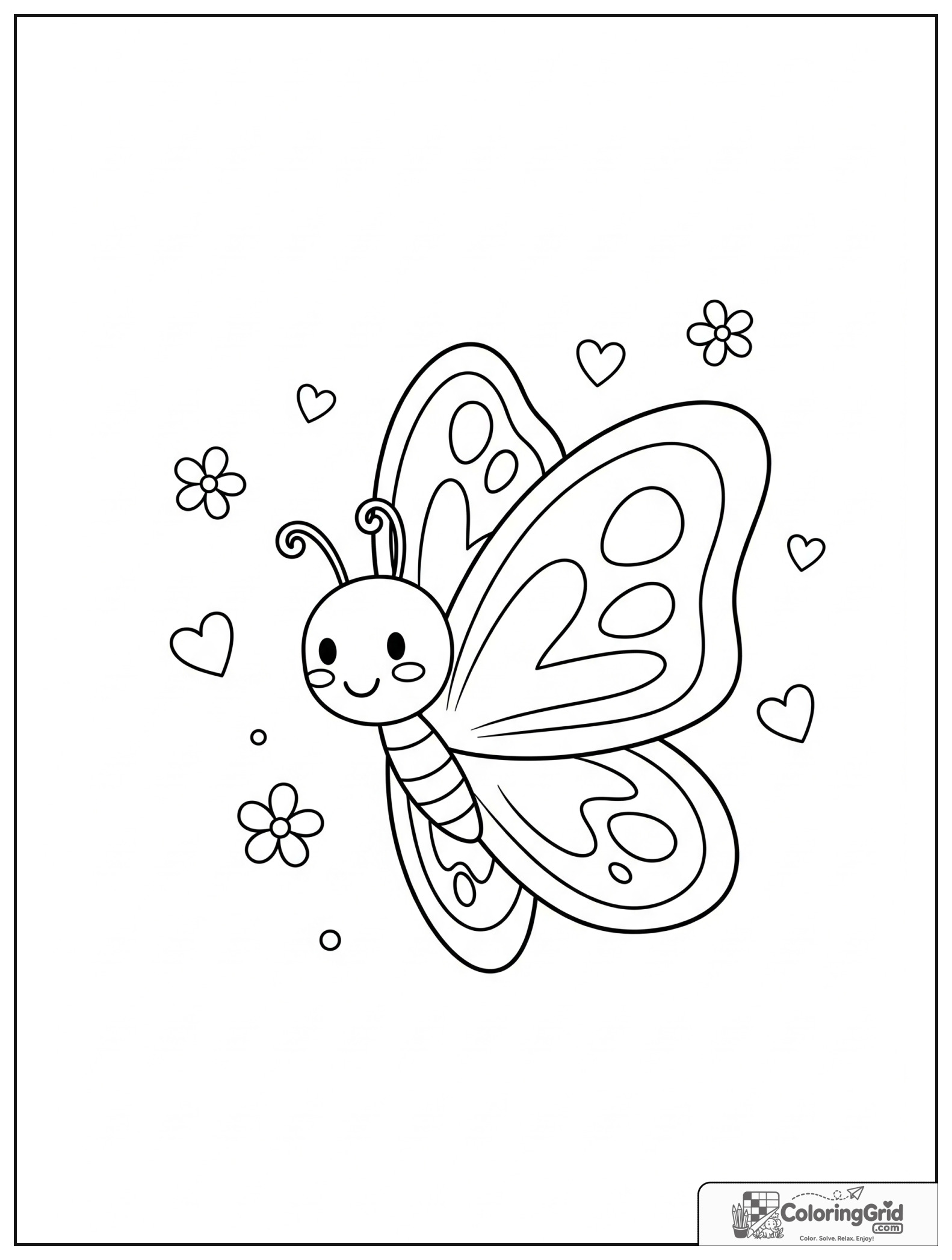 Cute smiling butterfly with flowers and small heart decorations.