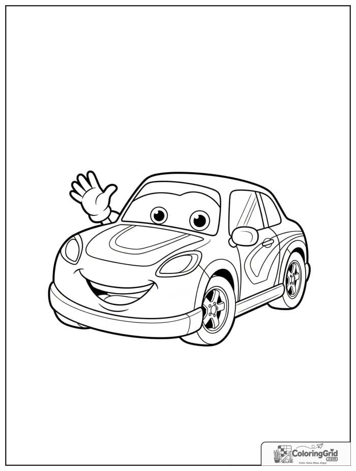 Smiling cartoon car in black and white