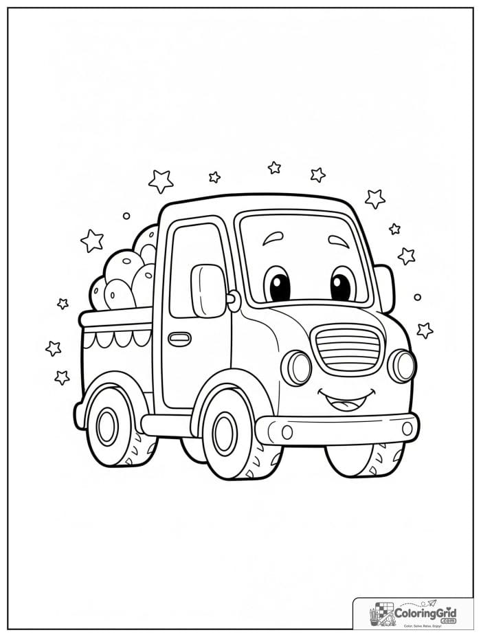 Truck coloring page featuring a smiling cartoon truck.