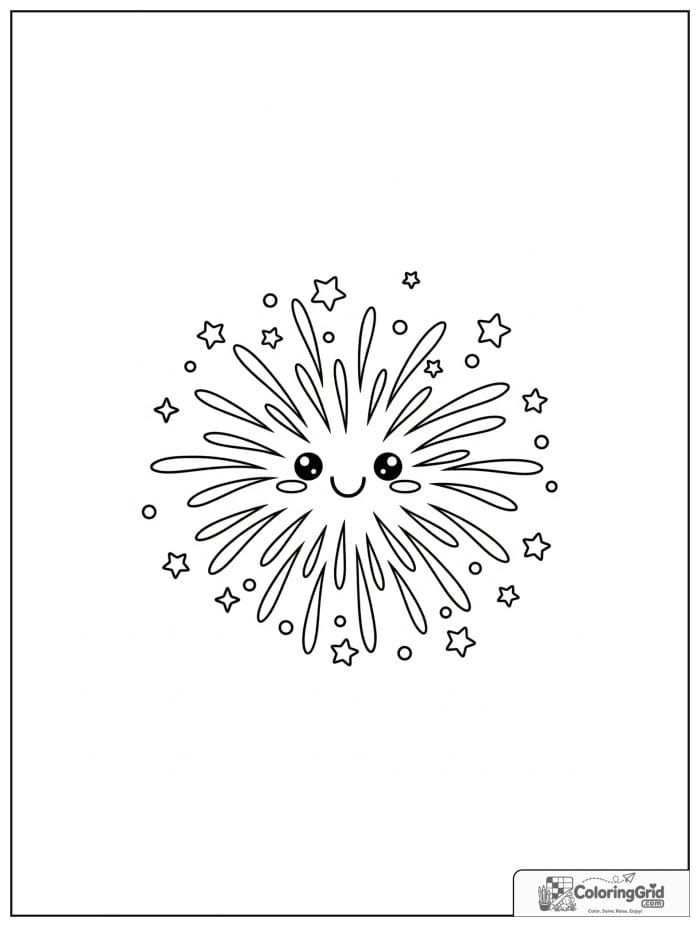 Smiling firework burst with stars and sparkles.