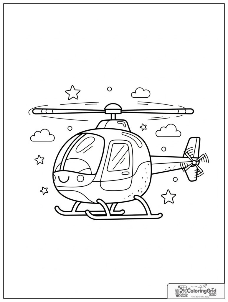 Cute smiling helicopter in a front view with small cloud and star decorations.