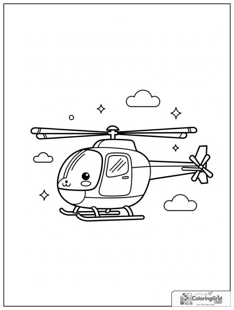 Cute smiling helicopter in a side view with small cloud and sparkle decorations.