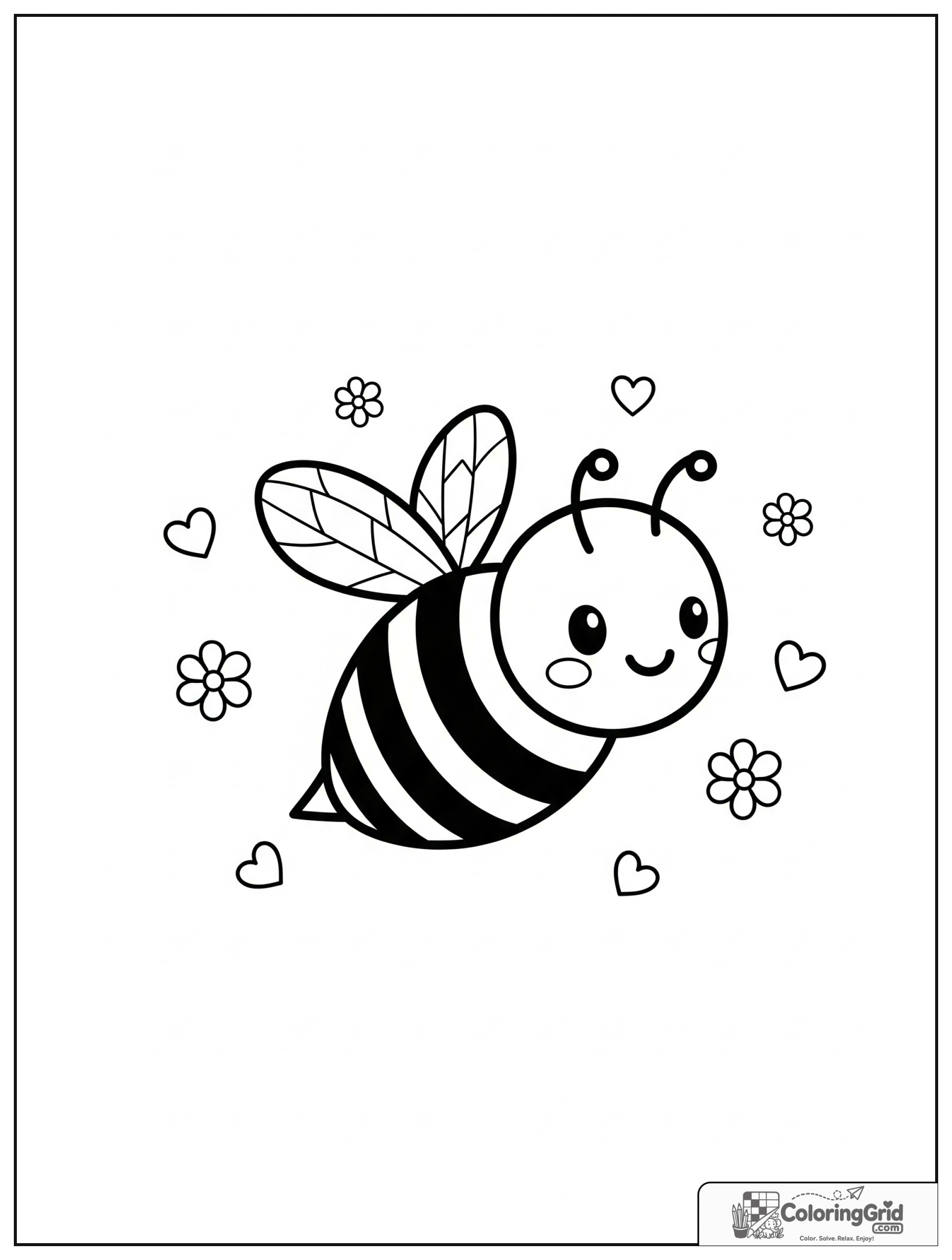 Cute smiling honeybee with small flower and heart decorations.