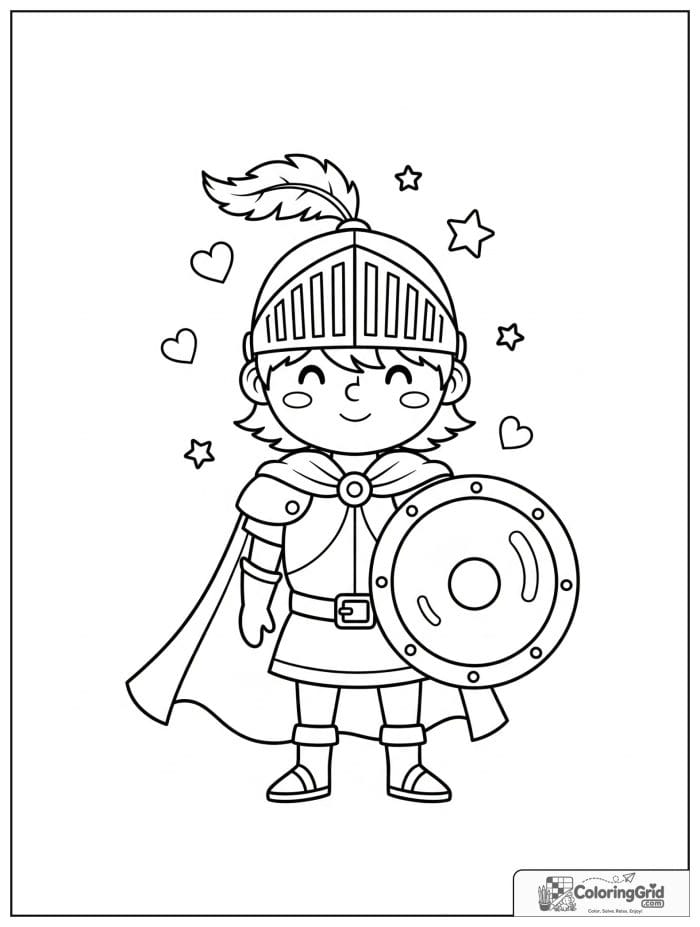 Knight Coloring Pages showing a smiling knight with a round shield.