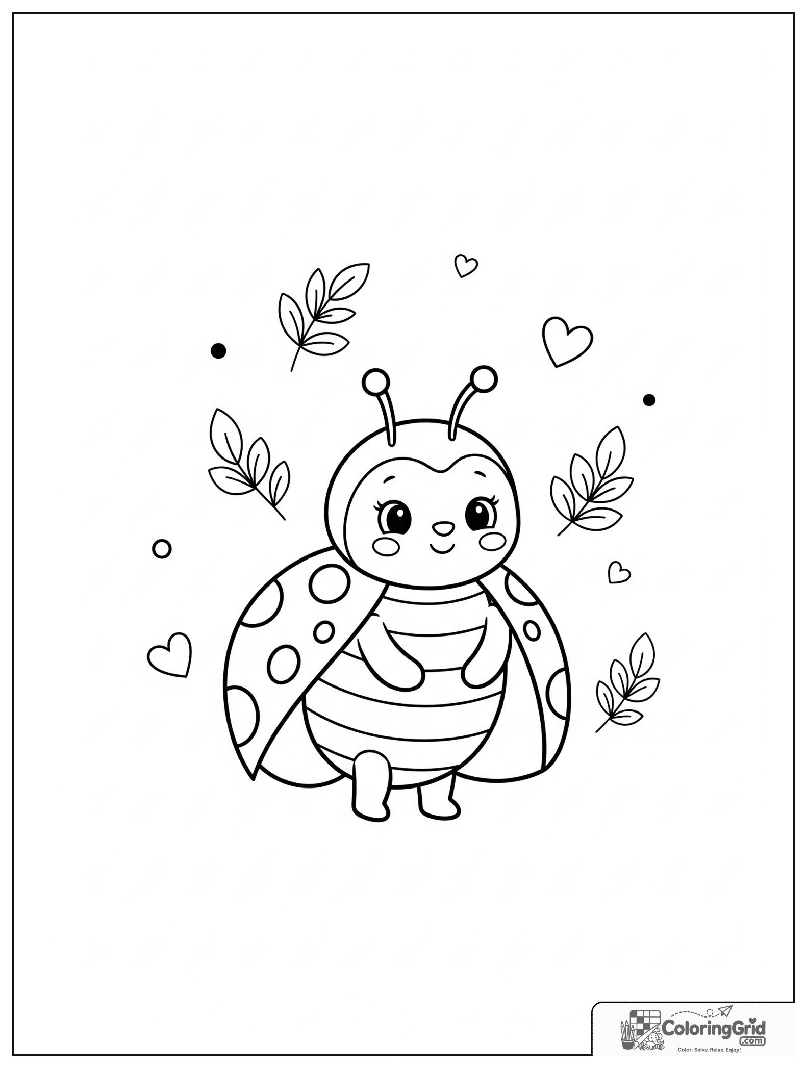 Cute smiling ladybug with small leaf and heart decorations.