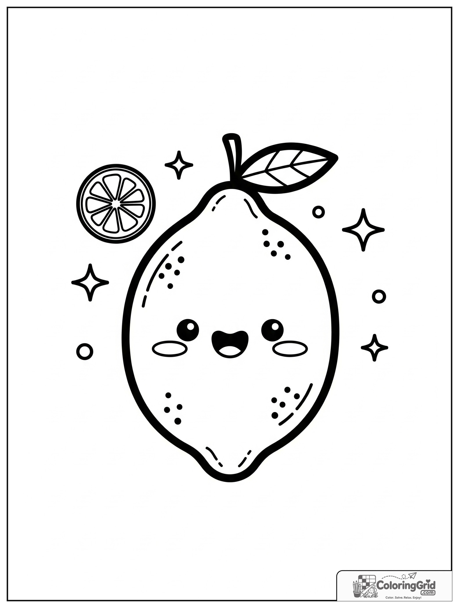Cute smiling lemon with small citrus and sparkle decorations.