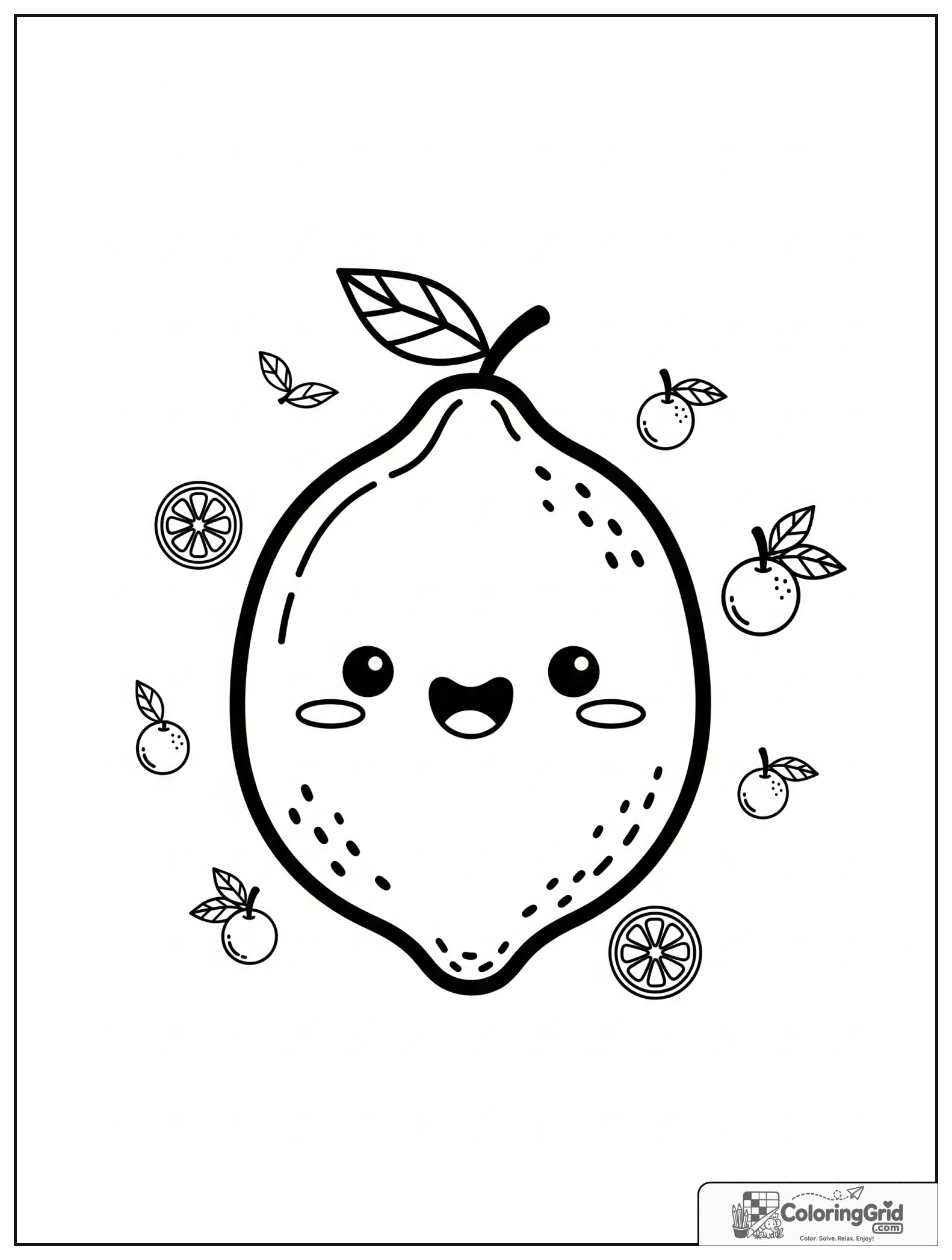 Cute smiling lime with small citrus and leaf decorations.