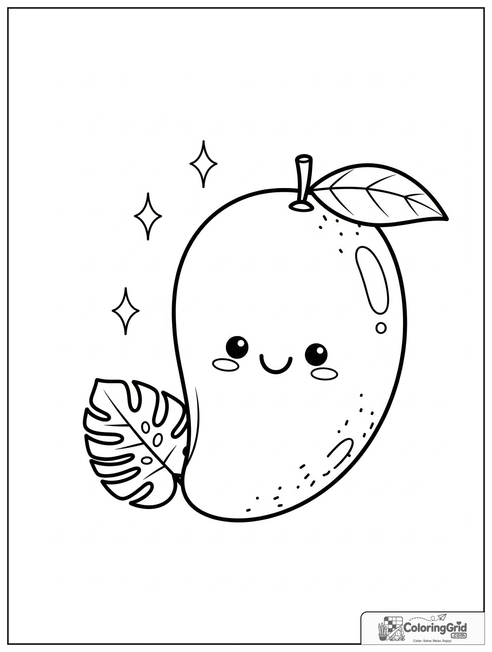Cute smiling mango with small tropical leaf decorations.