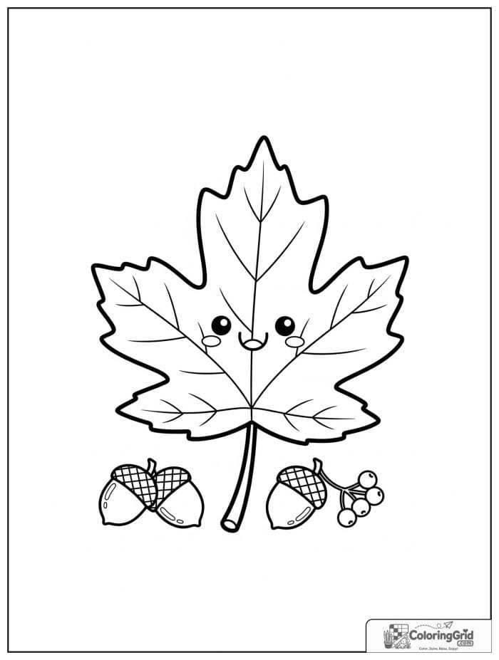 Autumn Leaves Coloring Pages featuring a smiling maple leaf with acorns.