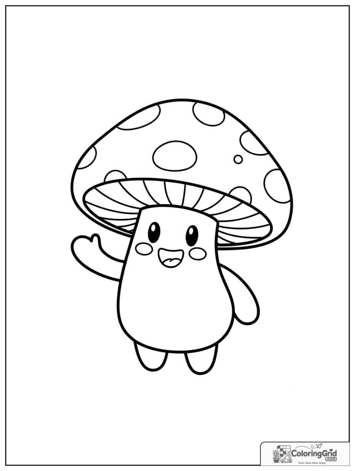 Smiling mushroom character waving in black and white
