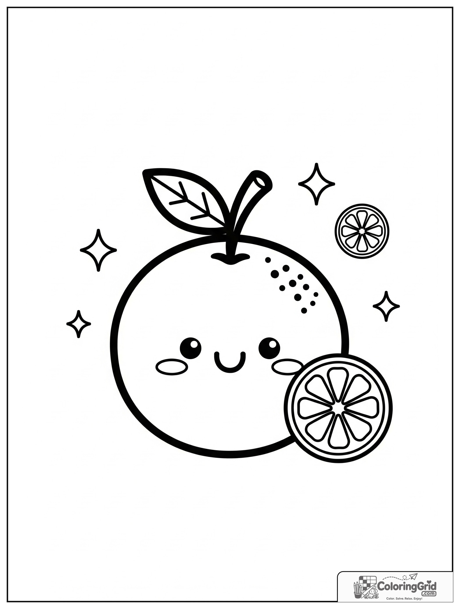 Cute smiling orange with small citrus and sparkle decorations.