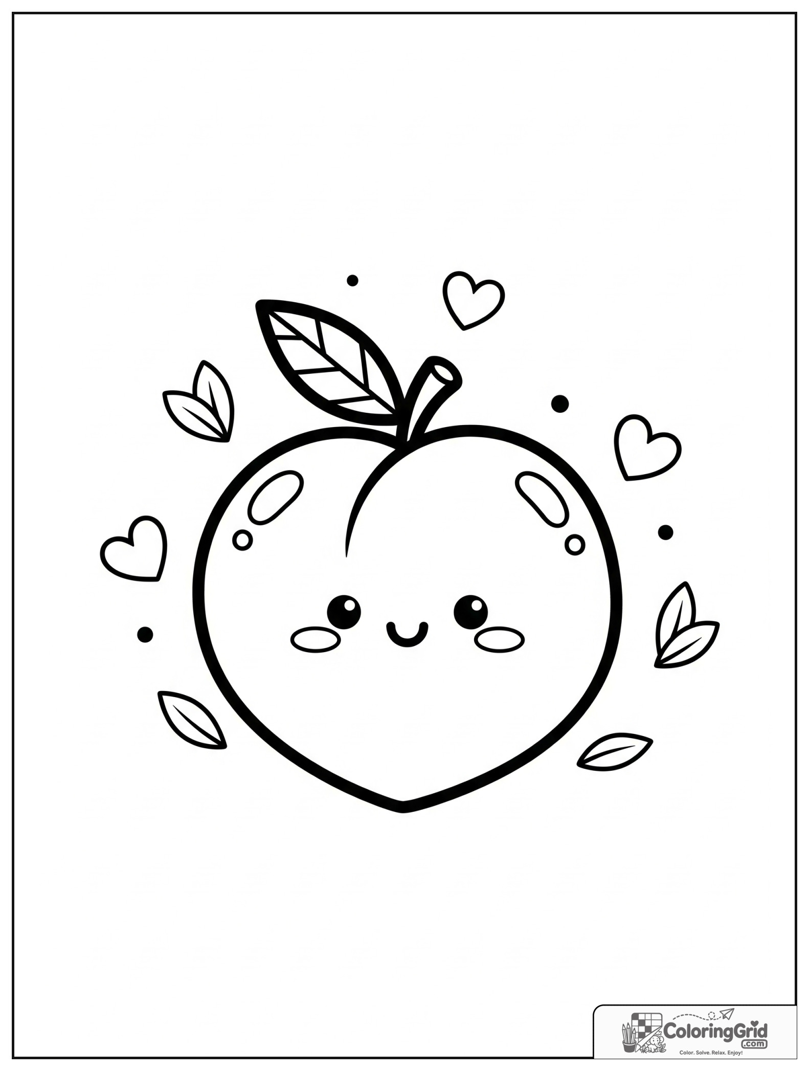 Cute smiling peach with small heart and leaf decorations.