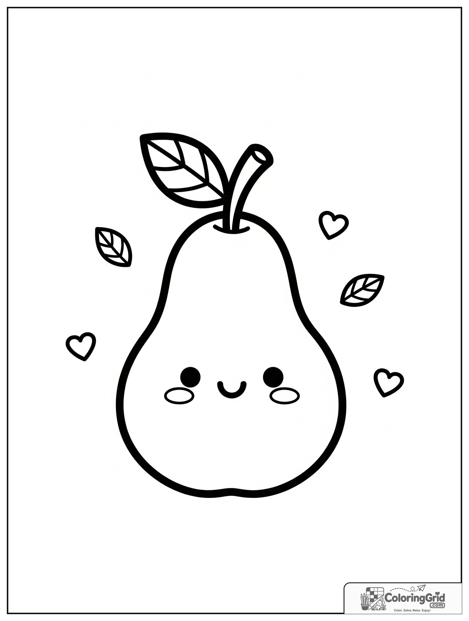 Cute smiling pear with small leaf and heart decorations.