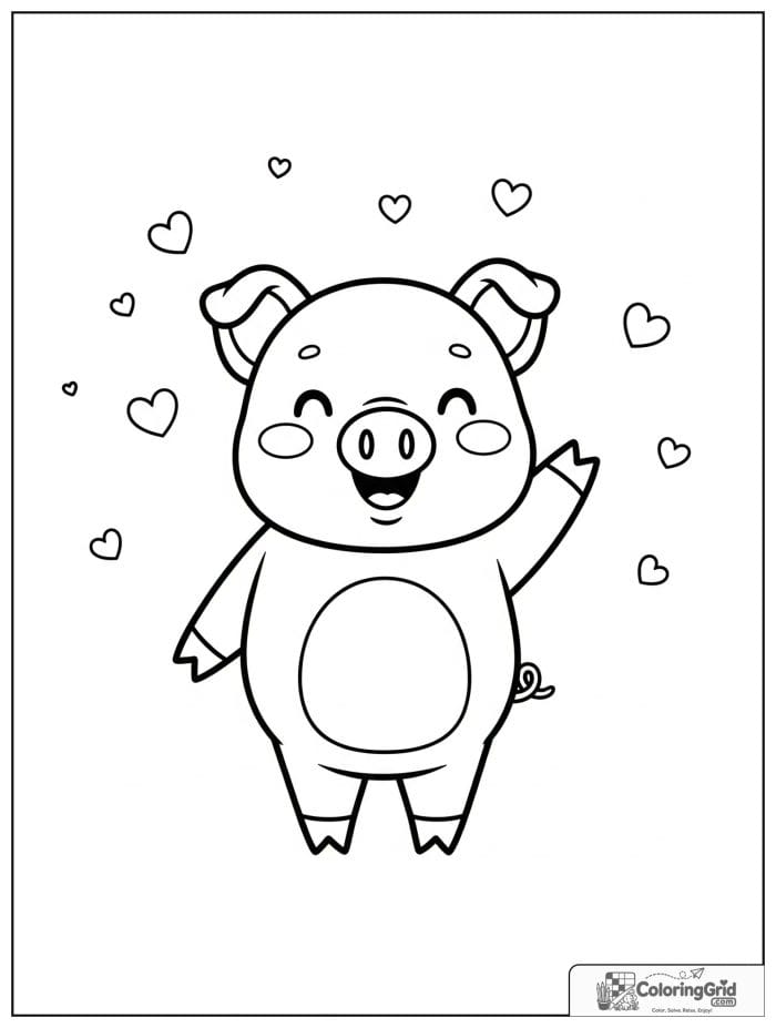 Cute pig waving with small heart decorations in the background.