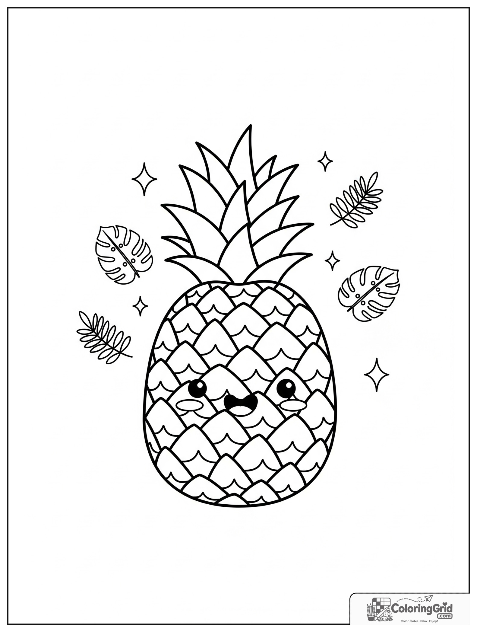 Cute smiling pineapple with small tropical leaf decorations.