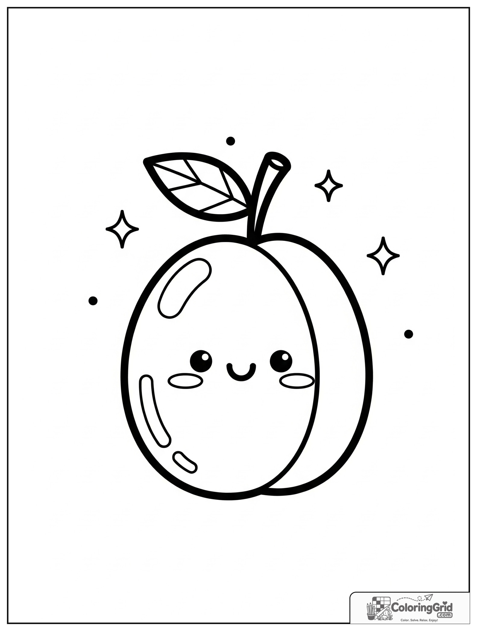 Cute smiling plum with small leaf and sparkle decorations.