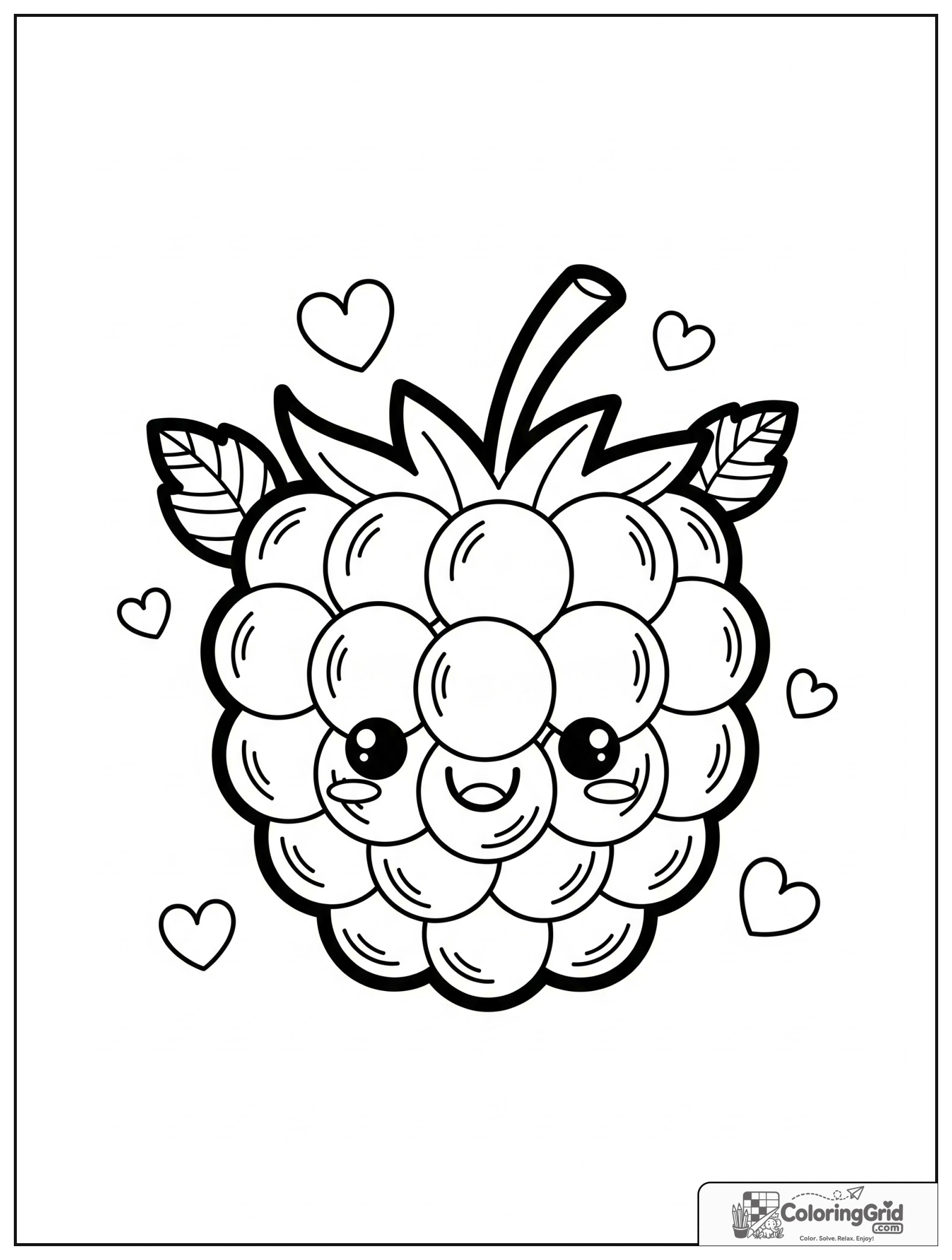 Cute smiling raspberry with small leaf and heart decorations.