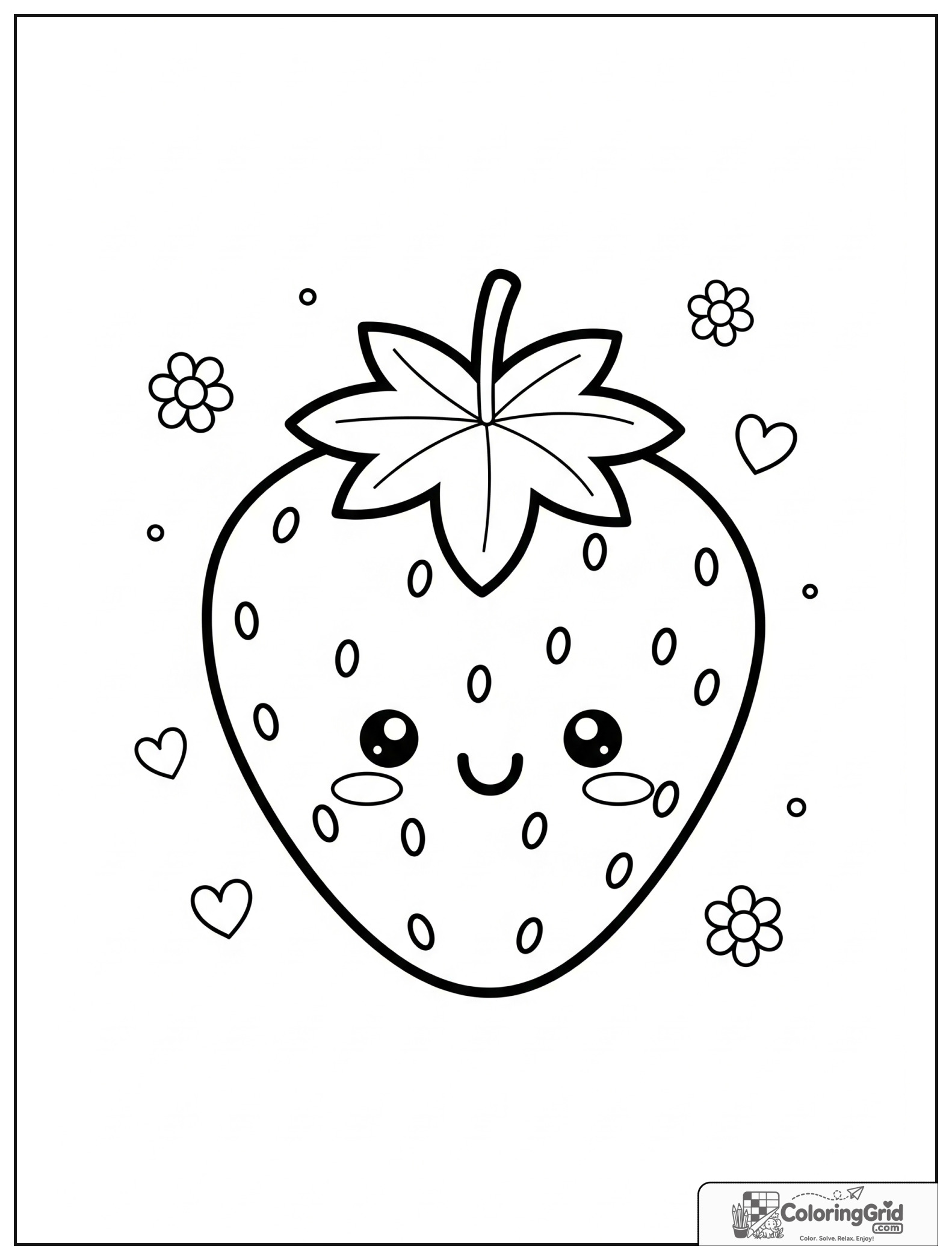 Cute smiling strawberry with small flower and heart decorations.