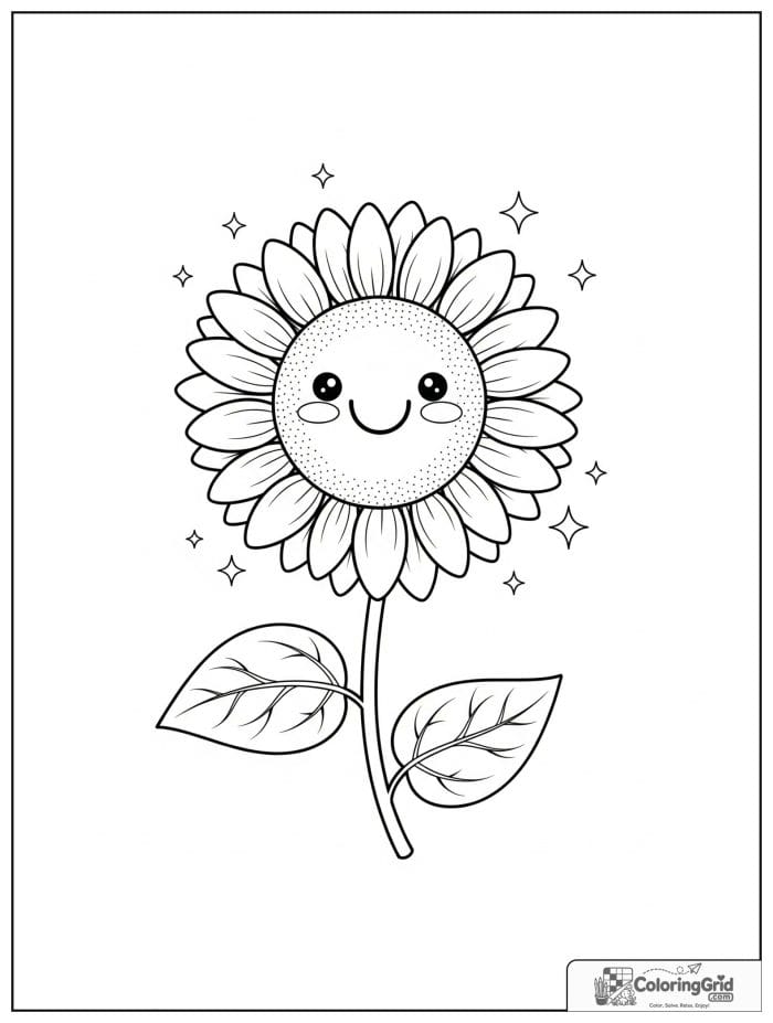 Spring Flowers Coloring Pages featuring a smiling sunflower with leaves.
