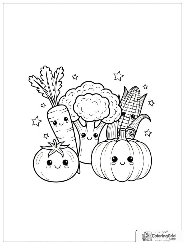 Vegetable coloring page featuring cheerful vegetable friends.